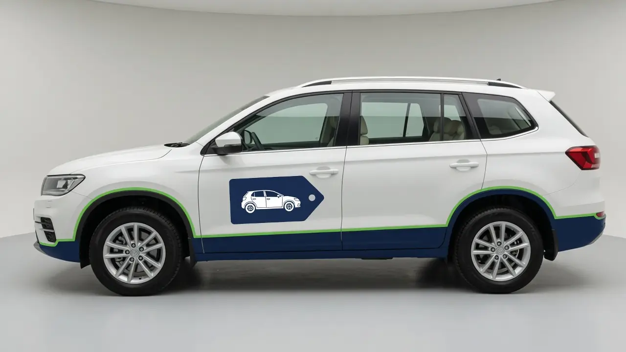 White mid-size SUV with Budget Cruze navy and green livery